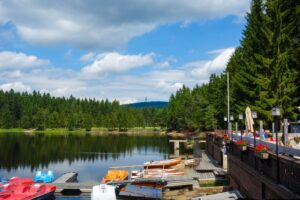 Ein ruhiger, von Kiefern gesäumter See, an dem Ruder- und Tretboote an einem Holzsteg anlegen. Menschen sitzen in einem Straßencafé unter einem sonnigen Himmel und genießen eine der charmanten Wasserparadiese und Seen in Bayern. In der Ferne erhebt sich ein bewaldeter Hügel.